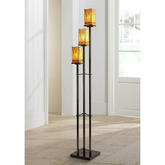 Robert Louis Tiffany Style Floor Lamp with USB Charging Port 3-Light 72" Tall Bronze Amber Art Glass Shade for Living Room Reading