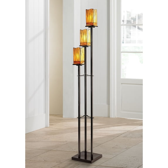 Robert Louis Tiffany Style Floor Lamp with USB Charging Port 3-Light 72" Tall Bronze Amber Art Glass Shade for Living Room Reading