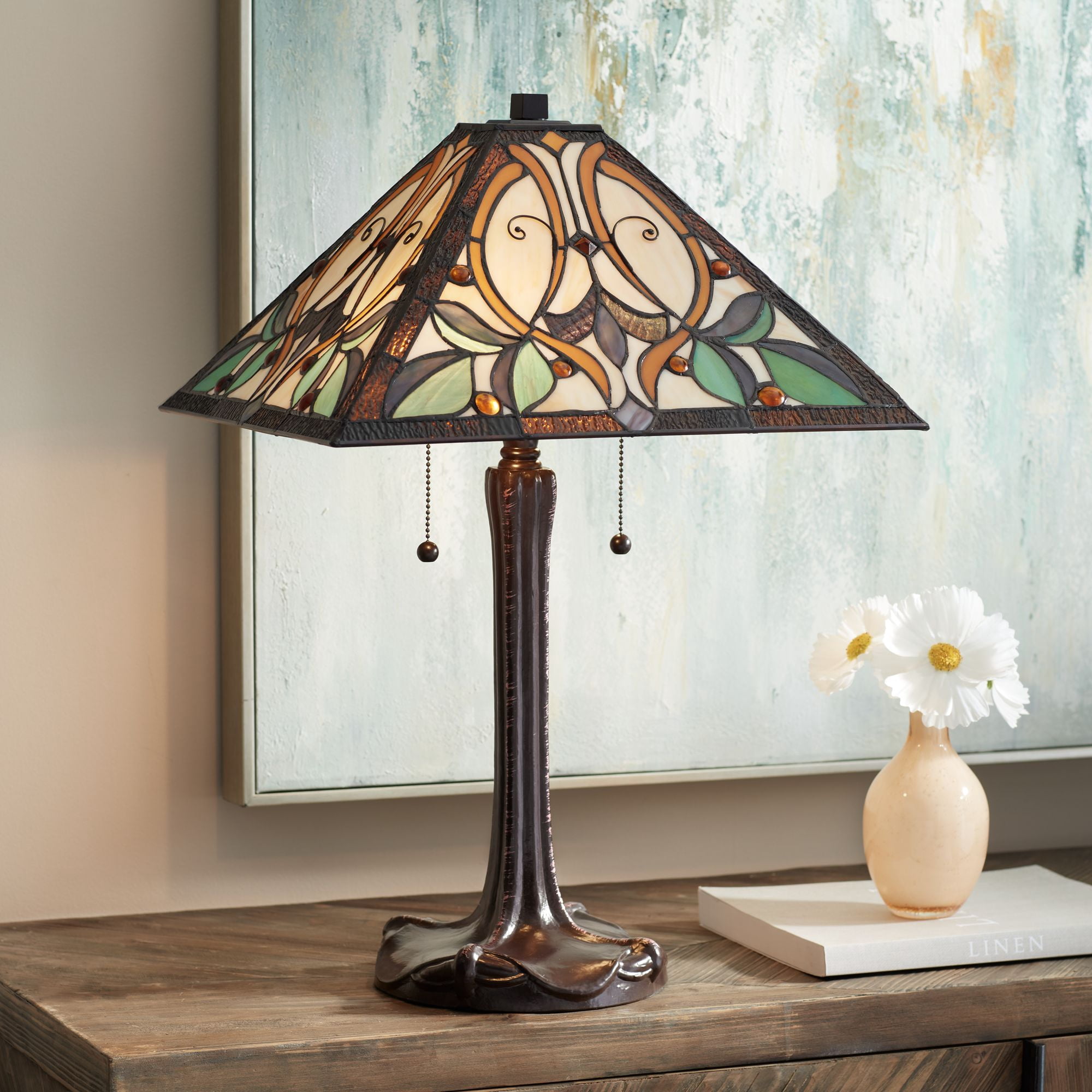 Robert Louis Tiffany Table Lamp 25" High Bronze Tiffany Style Stained Glass Art Shade for Living Room Family Bedroom Bedside Nightstand