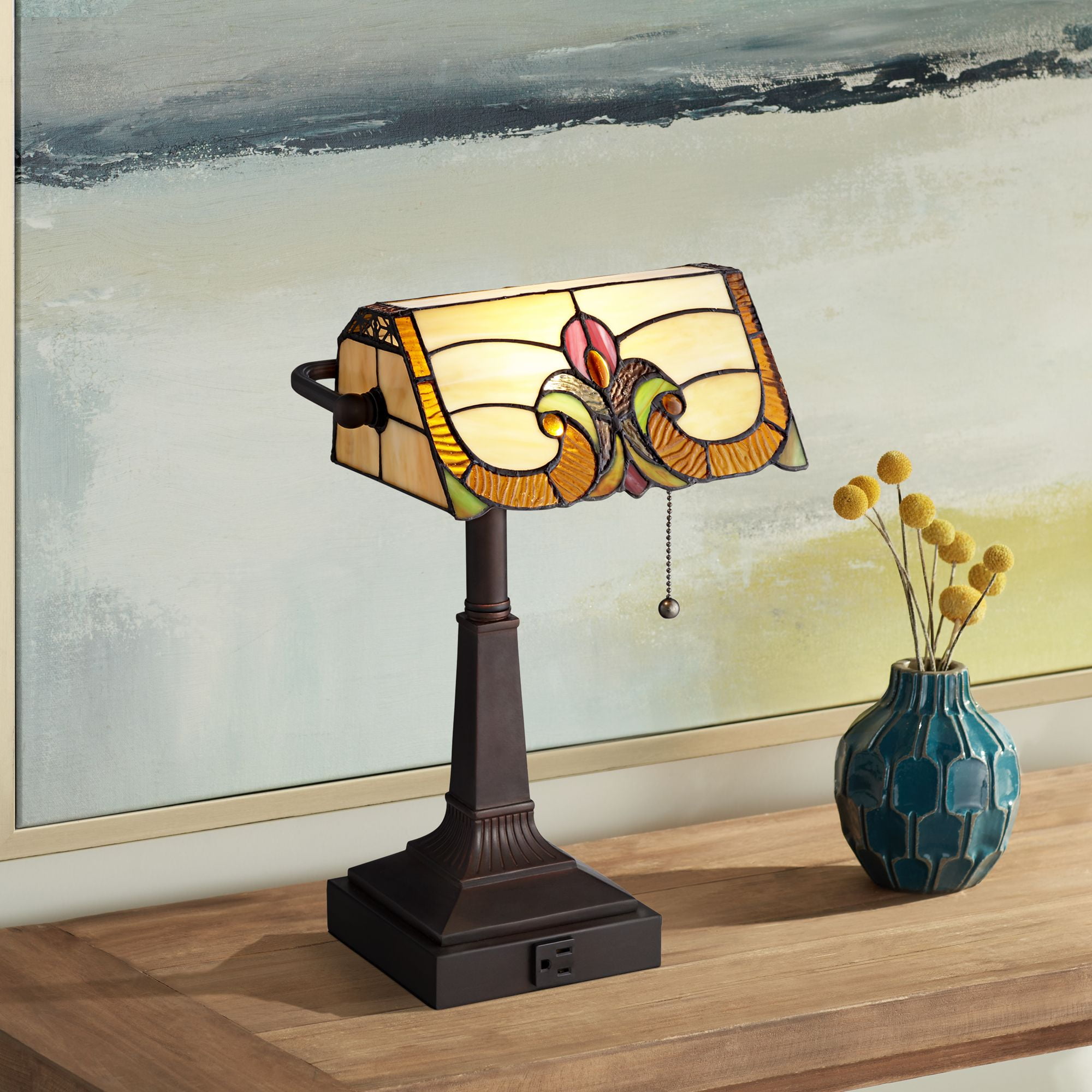 Bronze Adjustable Stained Glass Desk Lamp with Pull Chain