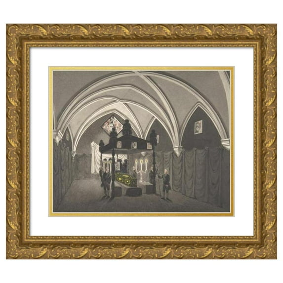 Robert Mackreth 18x15 Gold Ornate Wood Frame and Double Matted Museum Art Print Titled - Vaulted Interior with Catalfalque, Coffin and Attendants (1822)