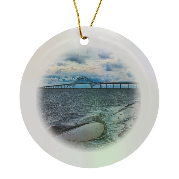 3drose, Robert Moses Causeway Bridge Going to Fire Island, Sand, Water and Cloudy Sky., Circle Porcelain Ornament