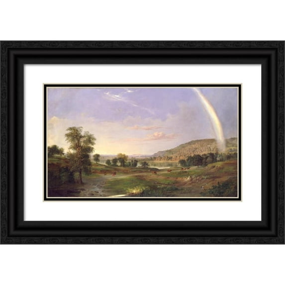Robert S. Duncanson 18x12 Black Ornate Wood Framed Double Matted Museum Art Print Titled - Landscape with Rainbow (1859)