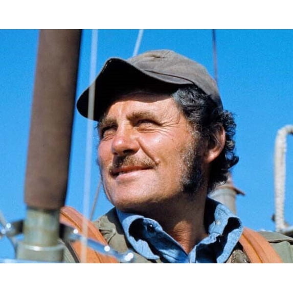 Robert Shaw as Quint strapped into his chair on Orca deck from Jaws 5x7 ...