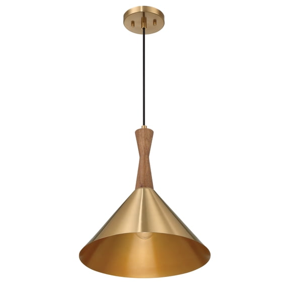 Robert Stevenson Lighting Axel - Mid-Century Modern Metal and Natural Stained Wood Ceiling Light, Brushed Gold