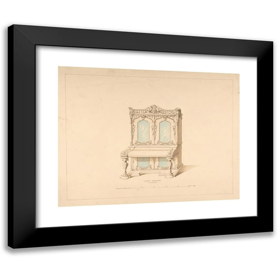 Robert William Hume 14x12 Black Modern Framed Museum Art Print Titled - Design for Cabinet Pianoforte, Arabesque Style (1835-1900)