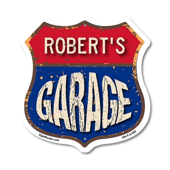 Robert's Garage 6 inch X 6 inch Shield Shaped Commercial Grade Plastic Sign Weather Resistant, UV Protected To last, Gift for Dads and Uncles Classic Americana Crafted in the USA