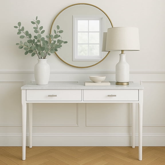 Roberto 36" Rectangle Italian Carrara White Marble Console Table with White Legs