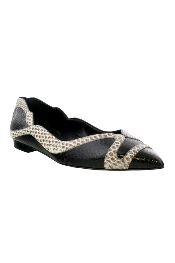 Black Python Detail Pointed Toe Ballerina-6 for Womens
