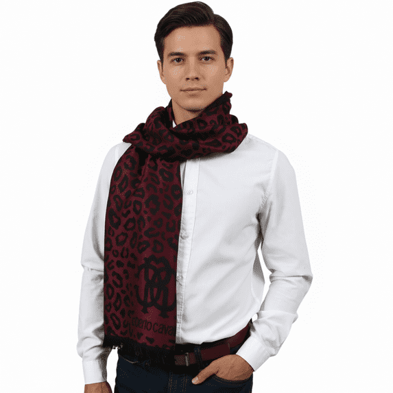 Roberto Cavalli ESZ029 02000 Burgundy Wool Blend Leopard Print Mens Scarf for mens