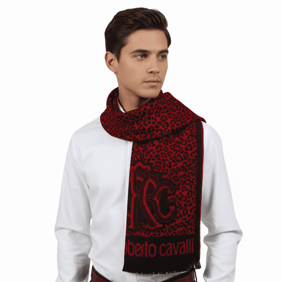 Roberto Cavalli ESZ056 02000 Red Wool Blend Leopard Print Mens Scarf for mens