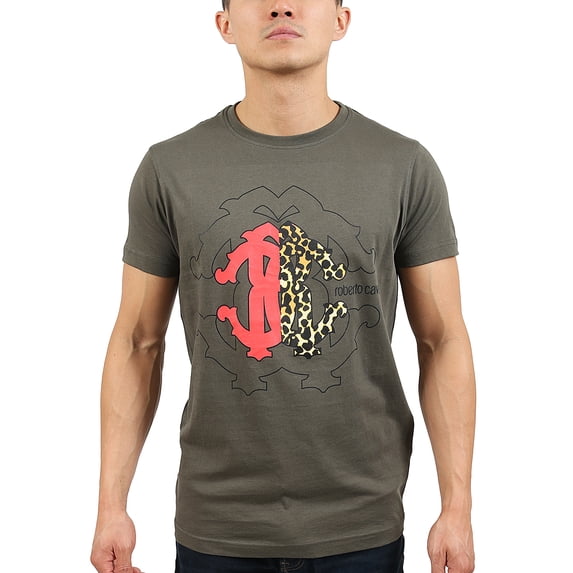 Roberto Cavalli Military Green Crest Logo Crewneck T-Shirt