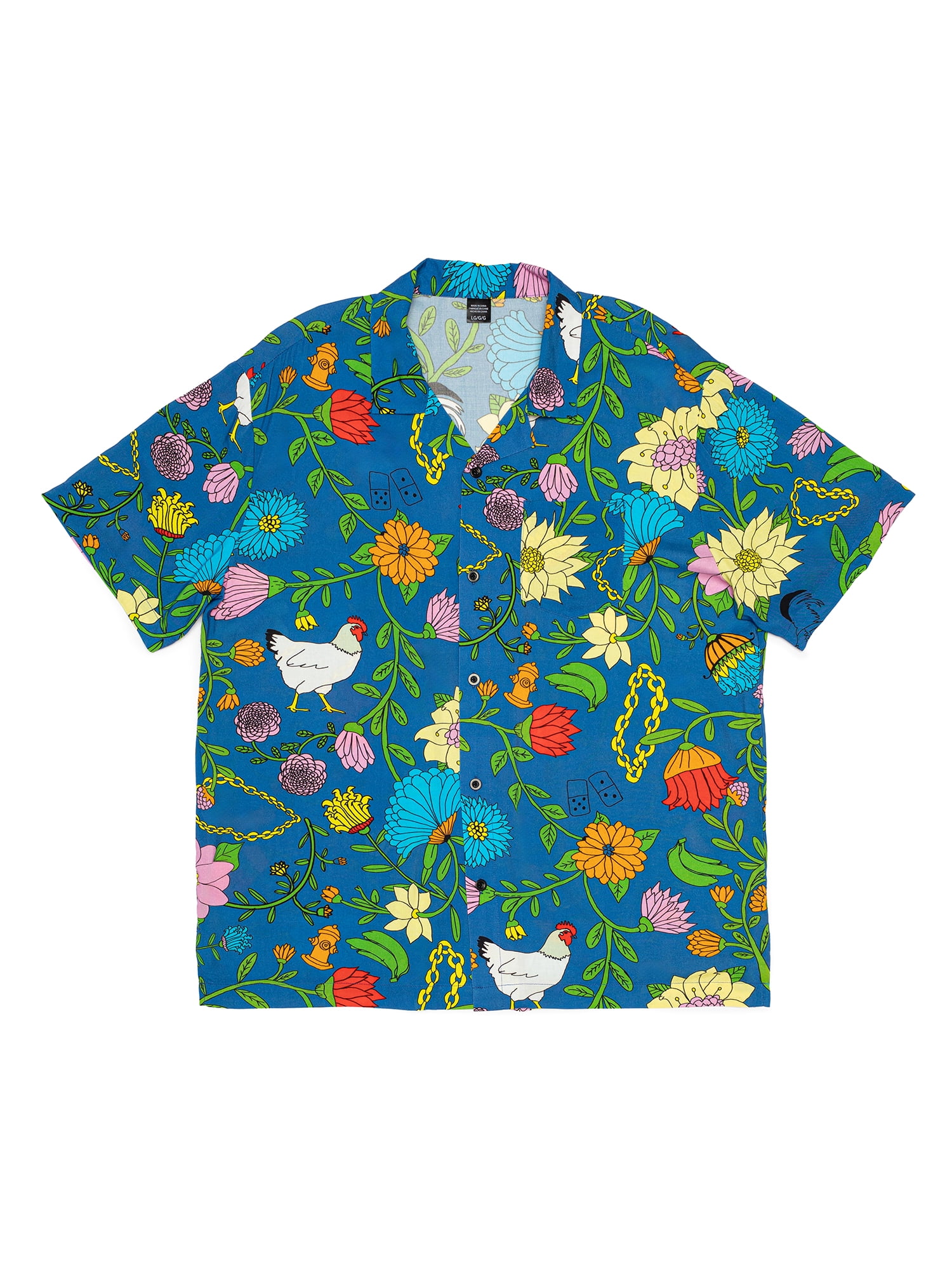 Roberto Lugo All Gender Floral Peacock Printed Button Down Resort Shirt, Men's Sizes S-3XL
