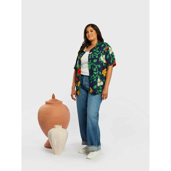 Roberto Lugo All Gender Hibiscus Print Button Down Resort Shirt, Men's Sizes S-3XL