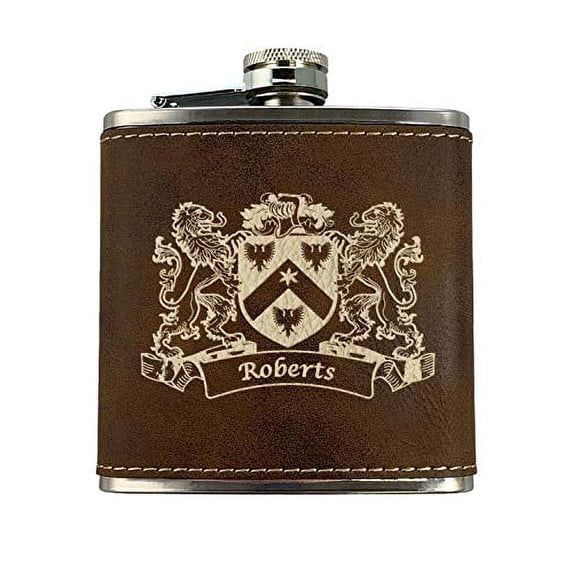 Roberts Irish Coat of Arms Leather Flask - Rustic Brown