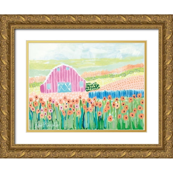 Roberts, Kait 14x12 Gold Ornate Wood Framed with Double Matting Museum Art Print Titled - Strolling the Farm