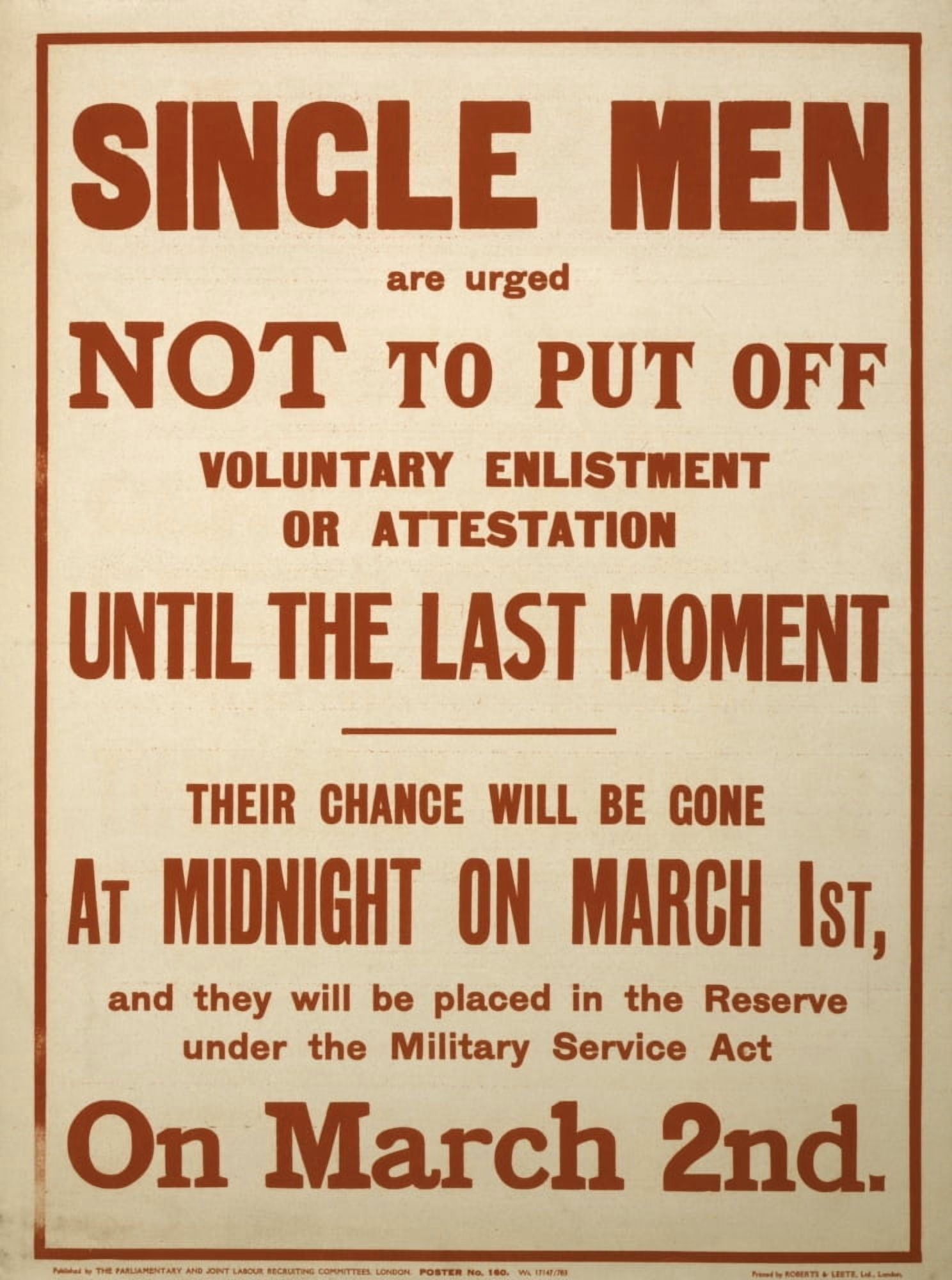 Roberts & Leete Poster 1916 Single men are urged not to put off voluntary enlistment Canvas Art - Roberts & Leete (18 x 24)