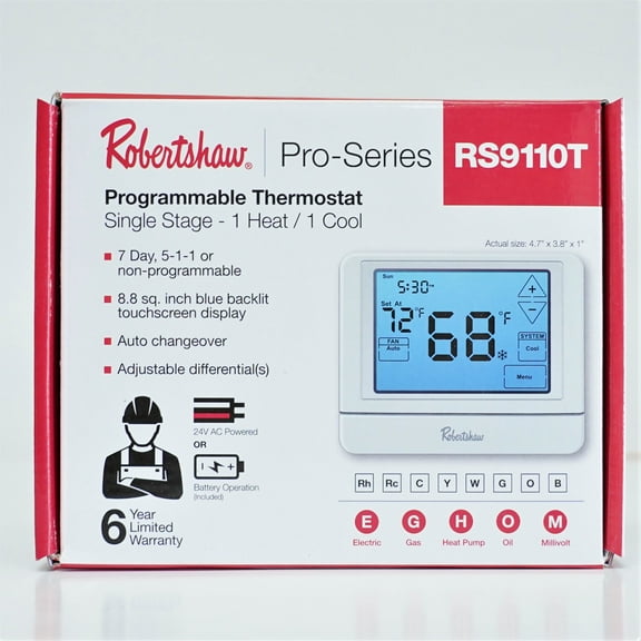 Robertshaw RS9110T Pro Series 5-1-1 Programmable Touchscreen Thermostat, Single-Stage, 1 Heat, 1Cool White