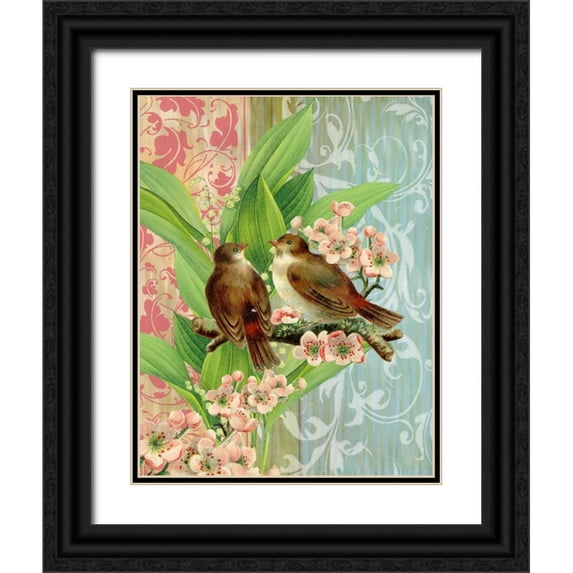 Robertson, Walter 26x32 Black Ornate Wood Framed with Double Matting Museum Art Print Titled - Finches and Blossoms