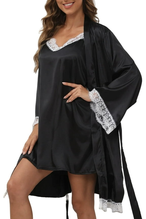 Lingerie for Women, CaiDieNu Womens lingerie, Women's Silk Robe Set 2 Pc - Lace Camisole & 3/4 Sleeve Robe - Black - S