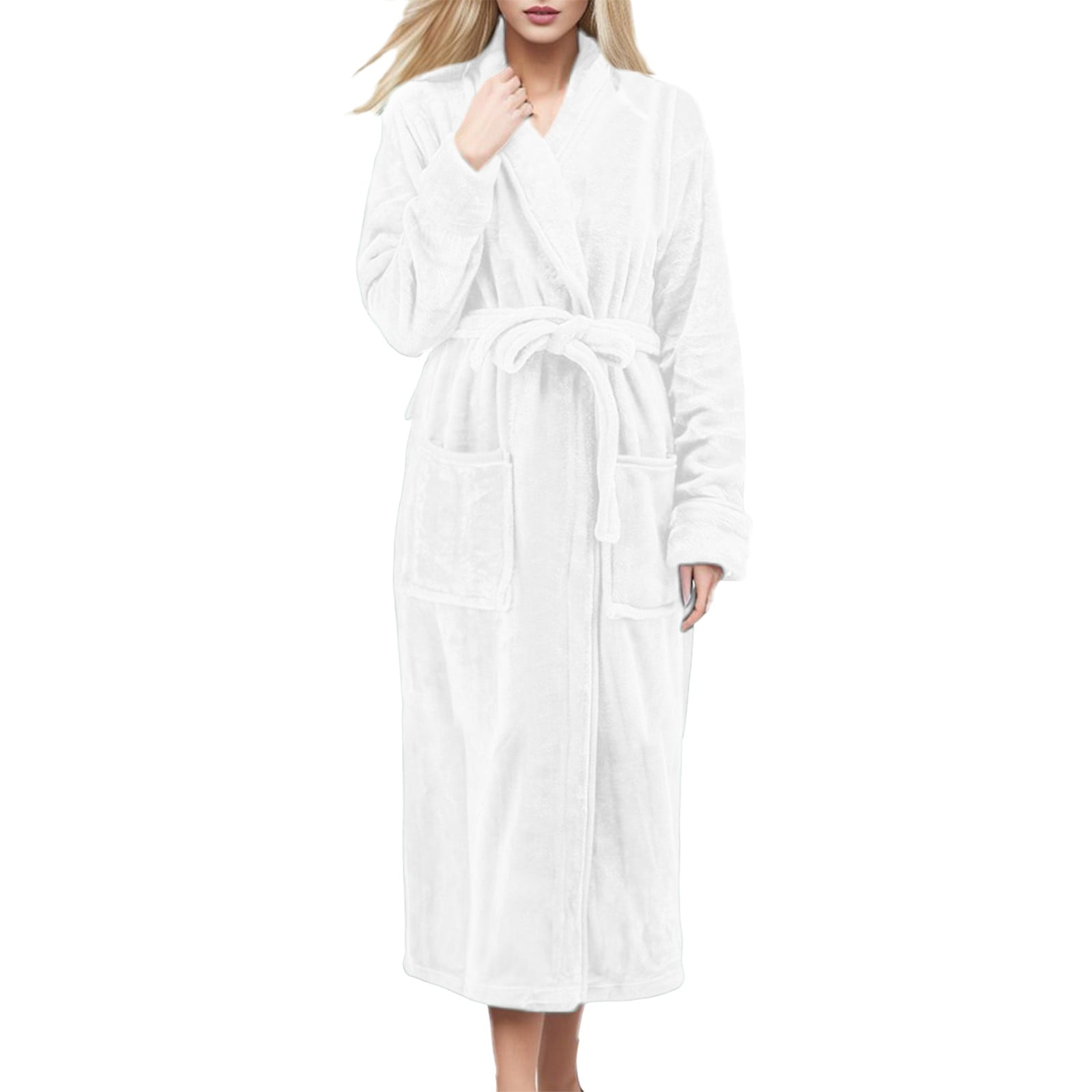 White Cotton Terry Cloth Mid-Calf Bathrobe with Tie Belt