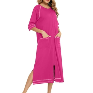 Robes For Women Zipper Front Bathrobe Half Sleeve House Coat Long Nightgown With Pockets Soft Loungewear S-3XL