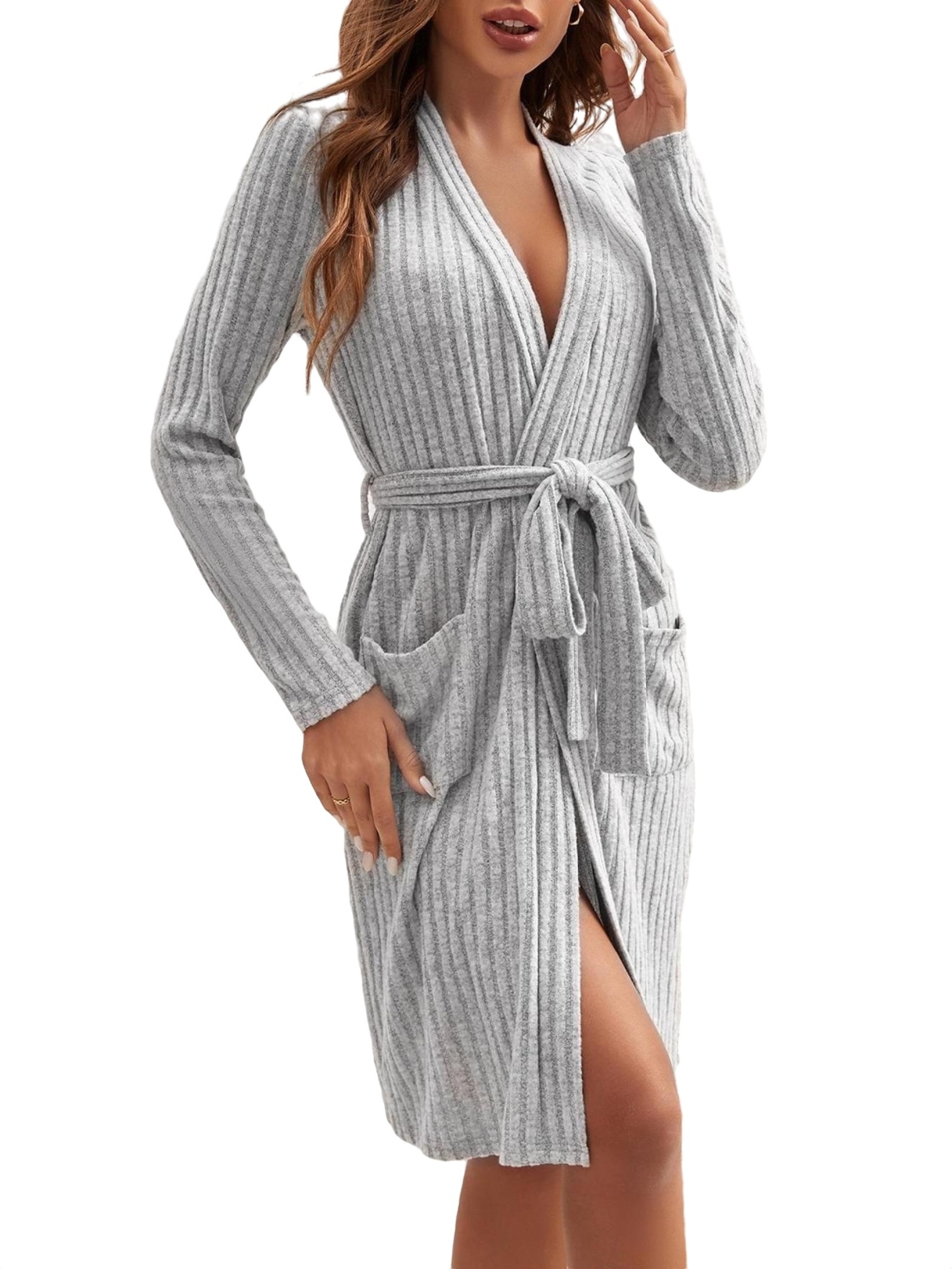 Robes Long Sleeve Light Grey Solid Women Lounge Robes (Women's