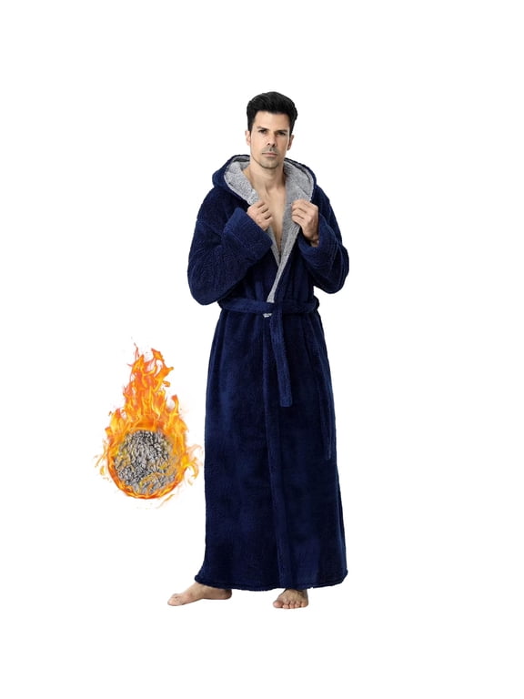 Robes for Men, LOFIR Hooded Plush Mens Robe, Long Thick Fleece Bathrobe with Belt and Side Pockets, Warm Winter Housecoat Loungewear Gift for Men, Dark Blue, 3XL
