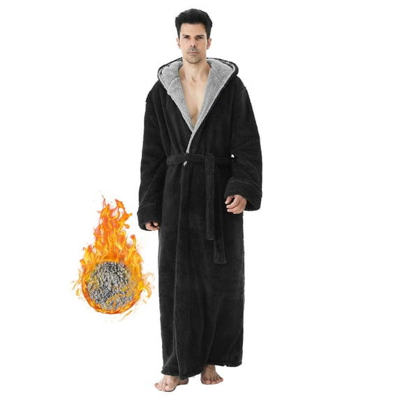 Robes for Men, LOFIR Long Mens Robes, Warm Soft Plush Mens Robe with Hood, Plus Size Plus Thick Robe for Men with Side Pocket and Belt, Bathrobes for Men Gifts, Black,M