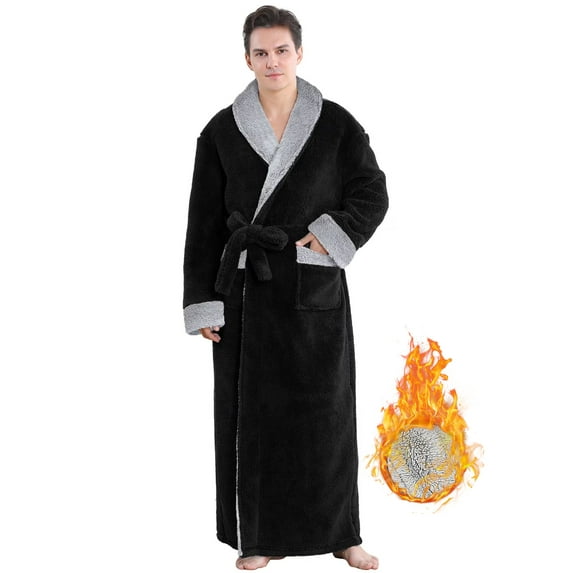 Robes for Men, LOFIR Long Mens Robes, Warm Soft Plush Mens Robe with Hood, Thick Robe for Men with Side Pocket and Belt, Bathrobes for Men Gifts, Black,XL