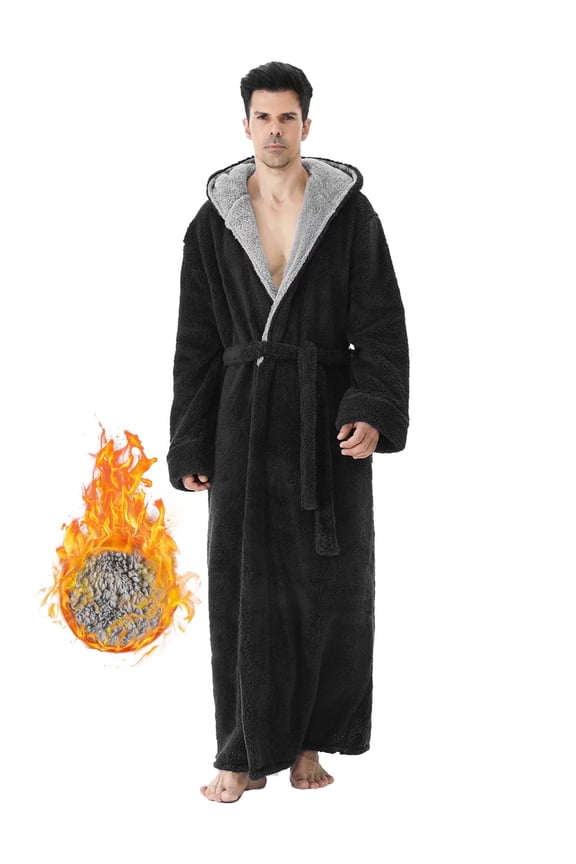 Robes for Men, LOFIR Long Mens Robes, Warm Soft Plush Mens Robe with Hood, Plus Thick Robe for Men with Side Pocket and Belt, Bathrobes for Men Gifts, Black,XL