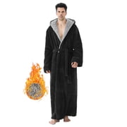 Robes for Men, LOFIR Long Mens Robes, Warm Soft Plush Mens Robe with Hood, Plus Thick Robe for Men with Side Pocket and Belt, Bathrobes for Men Gifts, Black,XL