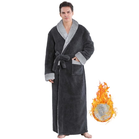 Robes for Men, LOFIR Long Mens Robes, Warm Soft Plush Mens Robe with Hood, Plus Size Plus Thick Robe for Men with Side Pocket and Belt, Bathrobes for Men Gifts, Gray,M