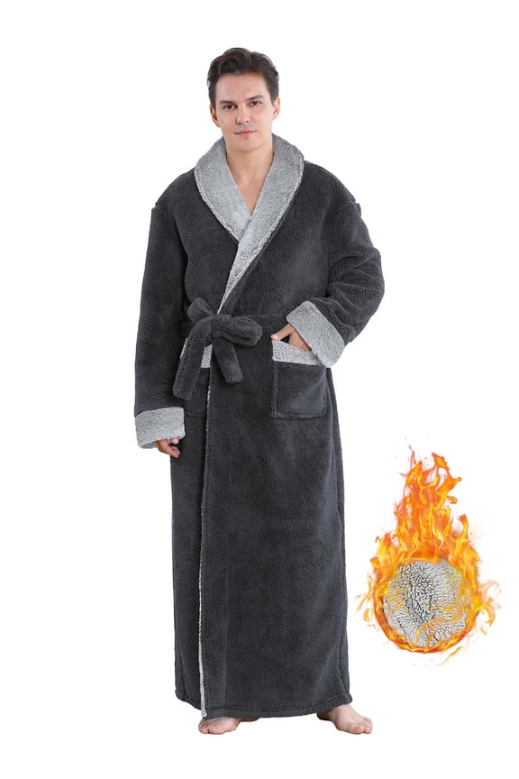 Robes for Men, LOFIR Long Mens Robes, Warm Soft Plush Mens Robe with Hood, Plus Size Plus Thick Robe for Men with Side Pocket and Belt, Bathrobes for Men Gifts, Gray,M