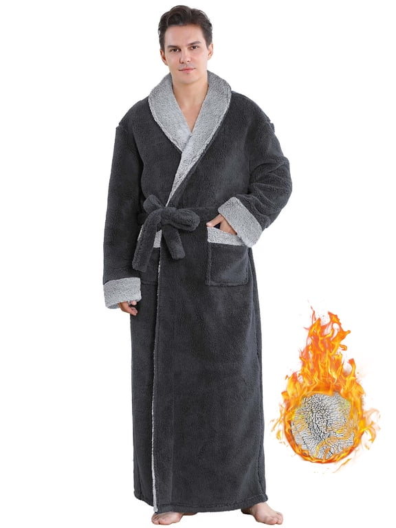 Robes for Men, LOFIR Long Mens Robes, Warm Soft Plush Mens Robe with Hood, Plus Size Plus Thick Robe for Men with Side Pocket and Belt, Bathrobes for Men Gifts, Gray,M