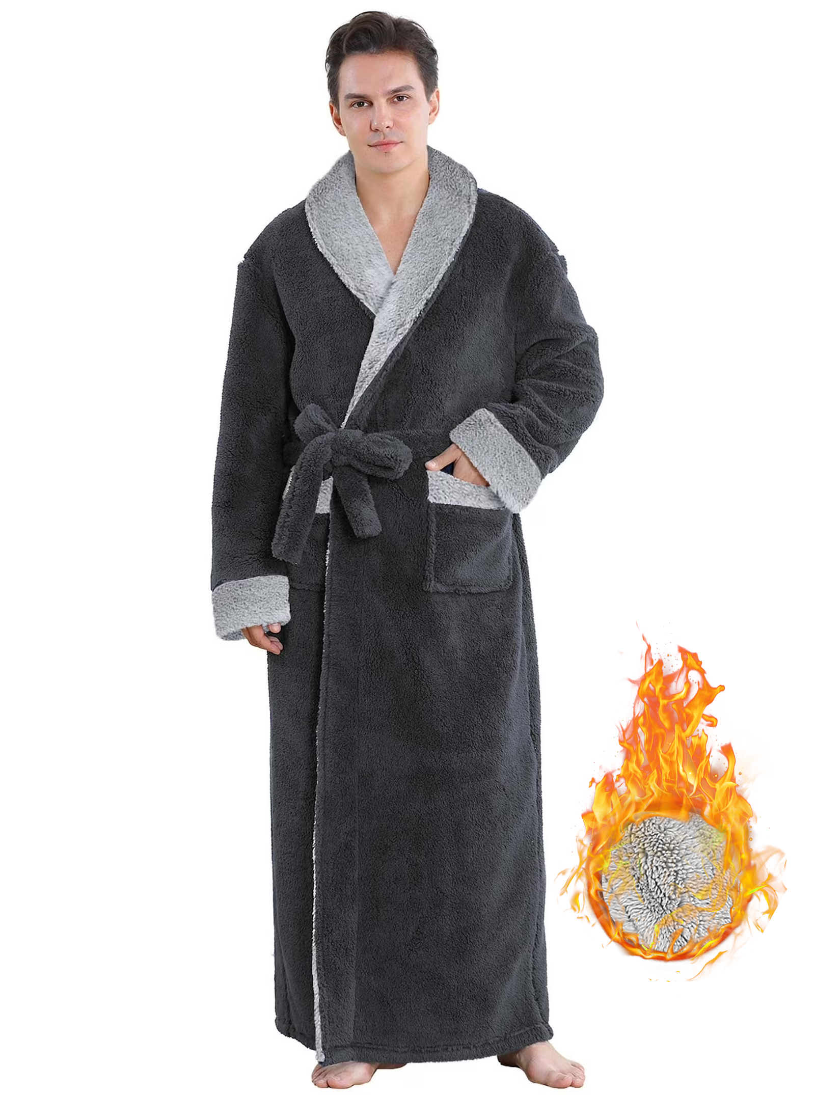 Robes for Men, LOFIR Long Mens Robes, Warm Soft Plush Mens Robe with Hood, Plus Size Plus Thick Robe for Men with Side Pocket and Belt, Bathrobes for Men Gifts, Gray,M