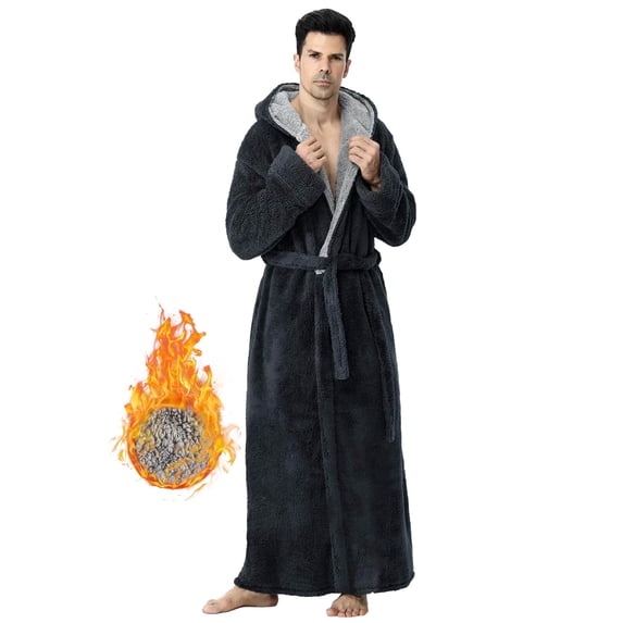 Robes for Men, LOFIR Long Mens Robes, Warm Soft Plush Mens Robe with Hood, Thick Robe for Men with Side Pocket and Belt, Bathrobes for Men Gifts, Gray, XL