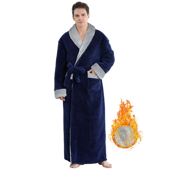 Robes for Men, LOFIR Long Mens Robes, Warm Soft Plush Mens Robe with Hood, Thick Robe for Men with Side Pocket and Belt, Bathrobes for Men Gifts, Navy Blue,XL