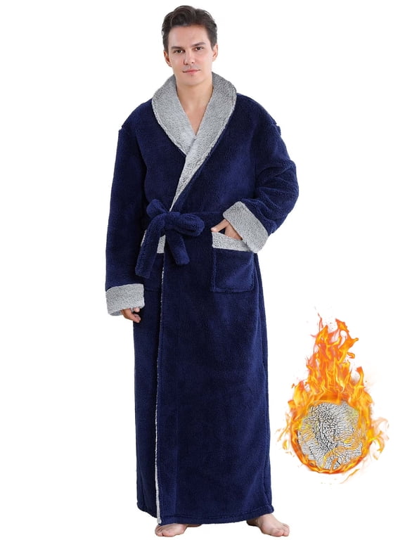 Robes for Men, LOFIR Long Mens Robes, Warm Soft Plush Mens Robe with Hood, Thick Robe for Men with Side Pocket and Belt, Bathrobes for Men Gifts, Navy Blue,XL
