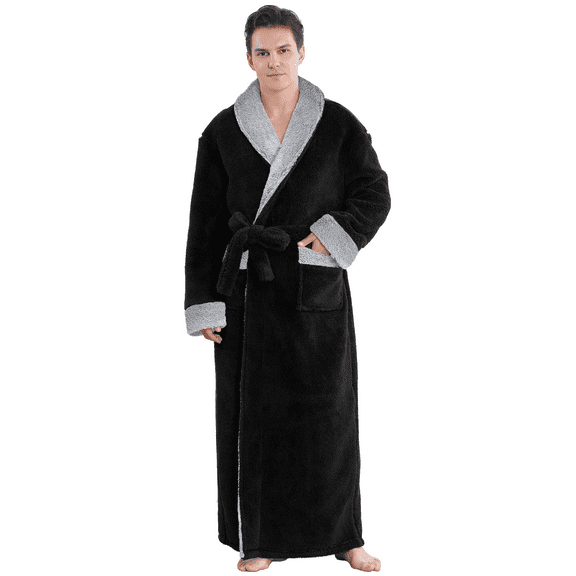 Robes for Men, LOFIR Long Mens Robes, Warm Soft Plush Mens Robe with Hood, Thick Robe for Men with Side Pocket and Belt, Bathrobes for Men Gifts, Black,L