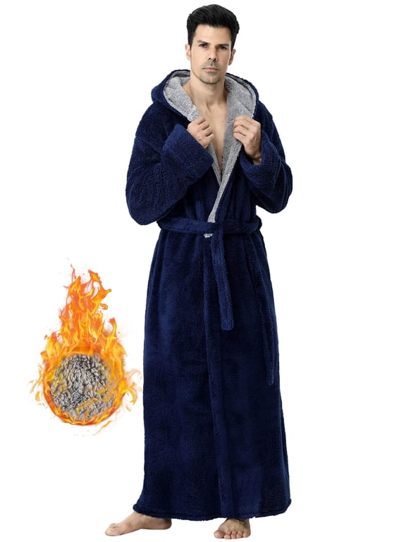 Robes for Men, LOFIR Long Mens Robes, Warm Soft Plush Mens Robe with Hood, Thick Robe for Men with Side Pocket and Belt, Bathrobes for Men Gifts, Dark Blue, M