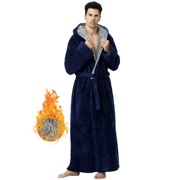 Robes for Men, LOFIR Long Mens Robes, Warm Soft Plush Mens Robe with Hood, Thick Robe for Men with Side Pocket and Belt, Bathrobes for Men Gifts, Dark Blue, M