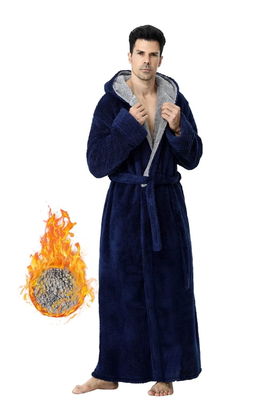 Robes for Men, LOFIR Long Mens Robes, Warm Soft Plush Mens Robe with Hood, Thick Robe for Men with Side Pocket and Belt, Bathrobes for Men Gifts, Dark Blue, XXL
