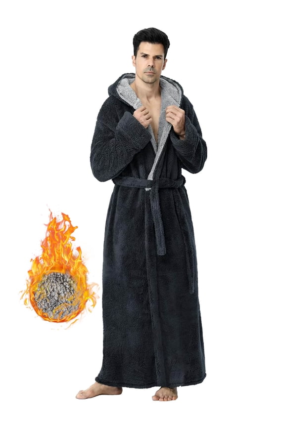 Robes for Men, LOFIR Long Mens Robes, Warm Soft Plush Mens Robe with Hood, Thick Robe for Men with Side Pocket and Belt, Bathrobes for Men Gifts, Gray, L