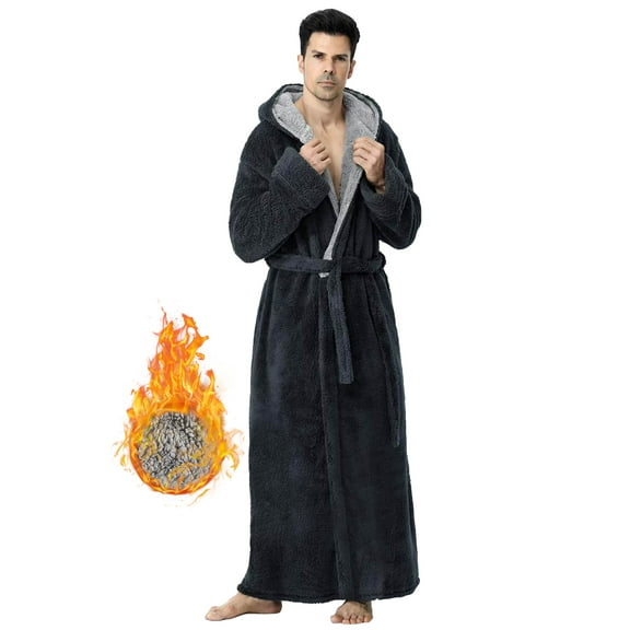Robes for Men, LOFIR Long Mens Robes, Warm Soft Plush Mens Robe with Hood, Thick Robe for Men with Side Pocket and Belt, Bathrobes for Men Gifts, Gray, XXL