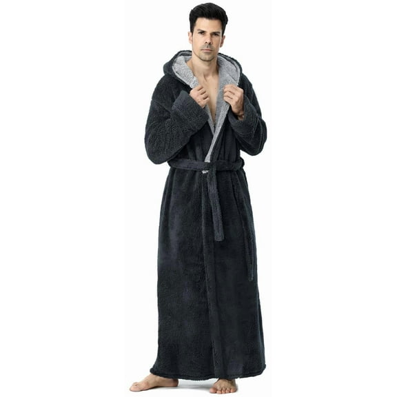 Robes for Men, LOFIR Long Mens Robes, Warm Soft Plush Mens Robe with Hood,  Thick Robe for Men with Side Pocket and Belt, Bathrobes for Men Gifts, Gray, XXL