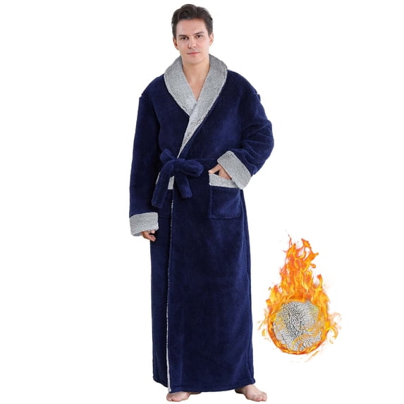 Robes for Men, LOFIR Long Mens Robes, Warm Soft Plush Mens Robe with Hood, Plus Size Plus Thick Robe for Men with Side Pocket and Belt, Bathrobes for Men Gifts, Navy Blue,XXL