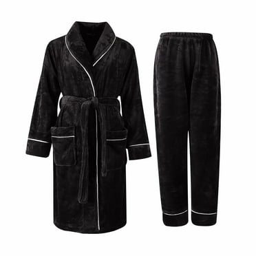 Robes Set for Men Plush Flannel Bathrobe and Pajamas Pants Soft Fleece Knee Length Bathrobe House Coat Sleepwear Sets, Black, XL