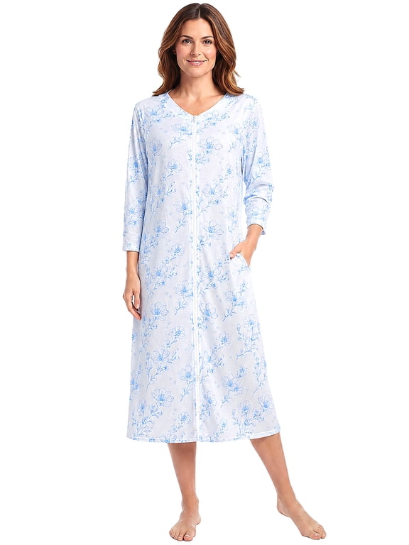 Robes for Women, AMITOFO Women's Floral Zip-Up Robe with Pockets, Lightweight Summer V-Neck 3/4 Sleeve Long Housecoat Bathrobe for Women, Light blue M