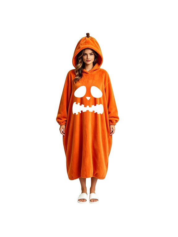Robes for Women Halloween Pjs Long Robe Cute Robe Pumpkin Halloween Hoodies Hoodie Dress Womens Long Sleeve Tops Cute Thick Autumn and Winter Home Robe
